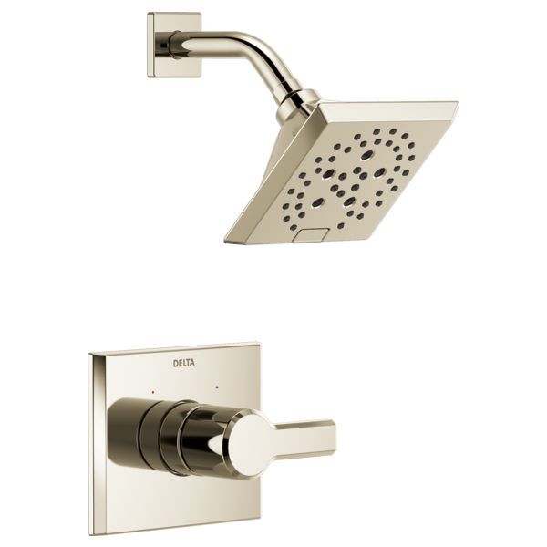 Chrome shower trim with square showerhead and curved arm, plus matching wall-mounted valve with single lever handle.