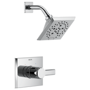 Chrome shower trim with square rainhead, curved arm, and wall-mounted monitor valve with cylindrical lever handle.