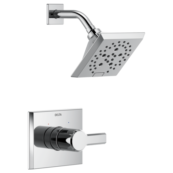 Chrome shower trim with square rainhead, curved arm, and wall-mounted monitor valve with cylindrical lever handle.