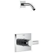 Chrome shower trim with square wall plate, curved arm, and single-handle valve control.