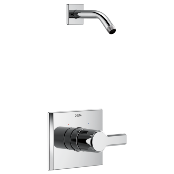 Chrome shower trim with square wall plate, curved arm, and single-handle valve control.
