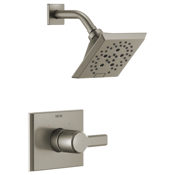 Brushed nickel shower trim with square showerhead, curved arm, and single-lever wall-mounted control valve.