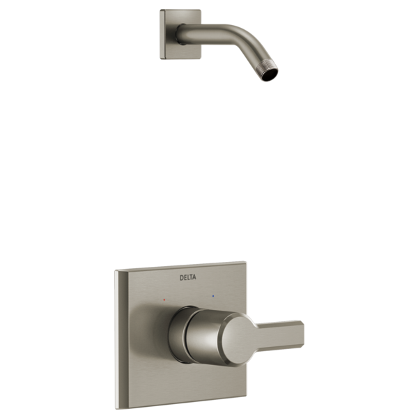 Brushed nickel shower trim with square wall plate, lever handle, and curved shower arm without showerhead.