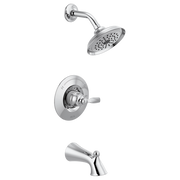 Chrome tub/shower trim set with round showerhead, wall-mounted control valve, and tub spout.