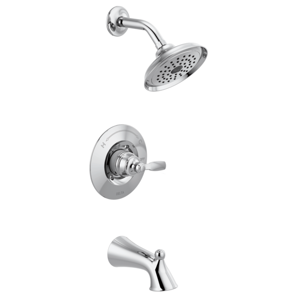 Chrome tub/shower trim set with round showerhead, wall-mounted control valve, and tub spout.