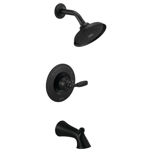 Black matte tub/shower trim with showerhead, valve trim with lever handle, and tub spout.