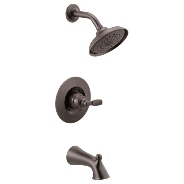 Oil-rubbed bronze tub/shower trim with round showerhead, curved arm, valve trim plate, and tub spout.