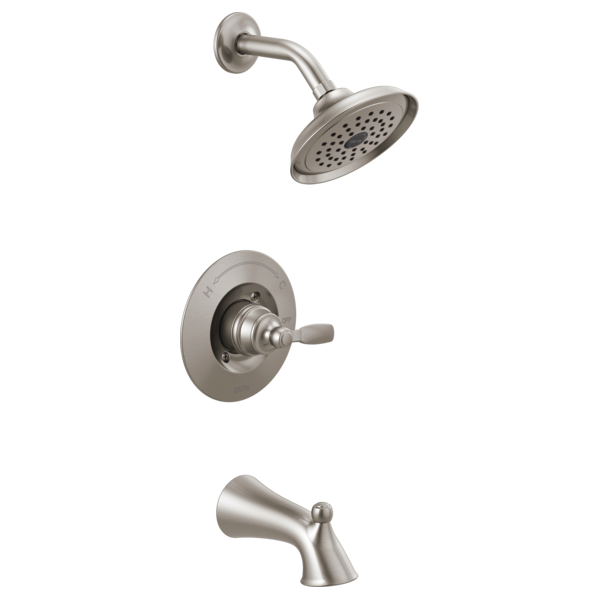 Brushed nickel tub/shower trim set with round showerhead, valve handle, and tub spout.