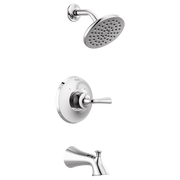 Chrome tub and shower trim with round showerhead, circular valve trim plate with lever handle, and curved tub spout.