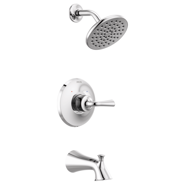 Chrome tub and shower trim with round showerhead, circular valve trim plate with lever handle, and curved tub spout.