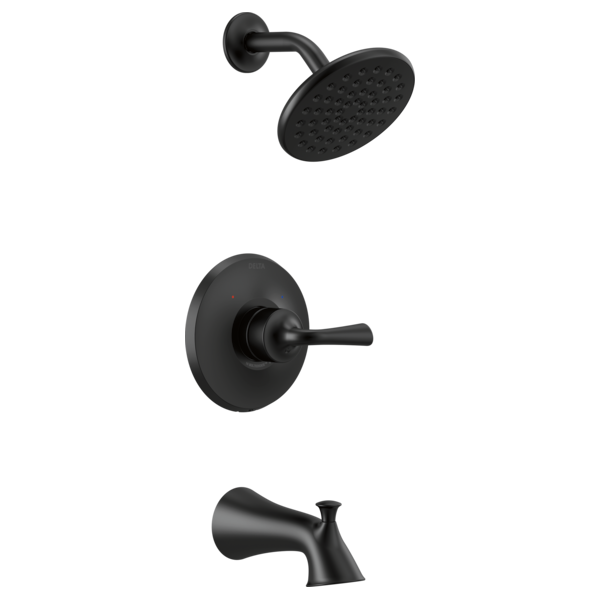 Black matte tub and shower trim with round showerhead, lever handle valve, and curved tub spout.