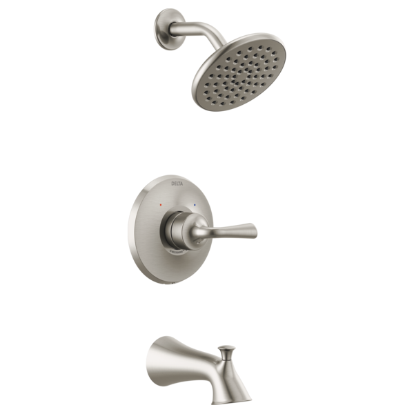 Brushed nickel tub and shower trim with overhead showerhead, lever handle, and curved tub spout.