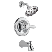 Chrome tub and shower trim kit with showerhead, valve trim plate, lever handle, and tub spout.