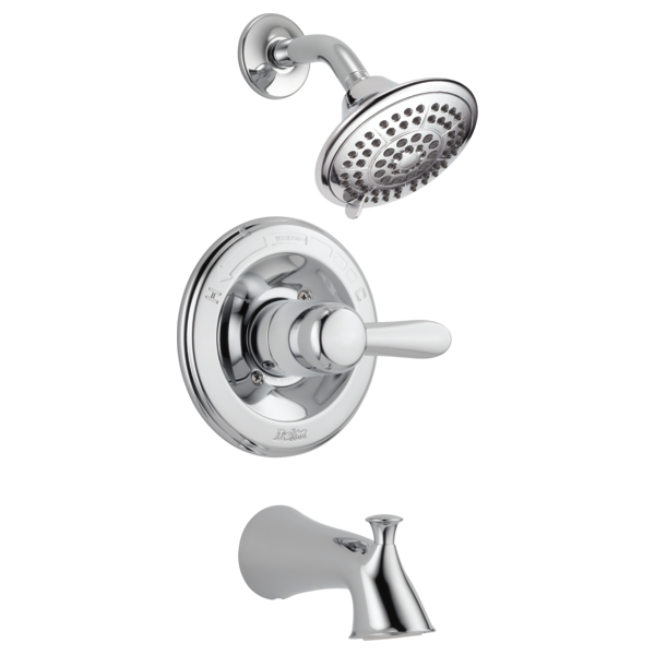 Chrome tub and shower trim kit with showerhead, valve trim plate, lever handle, and tub spout.