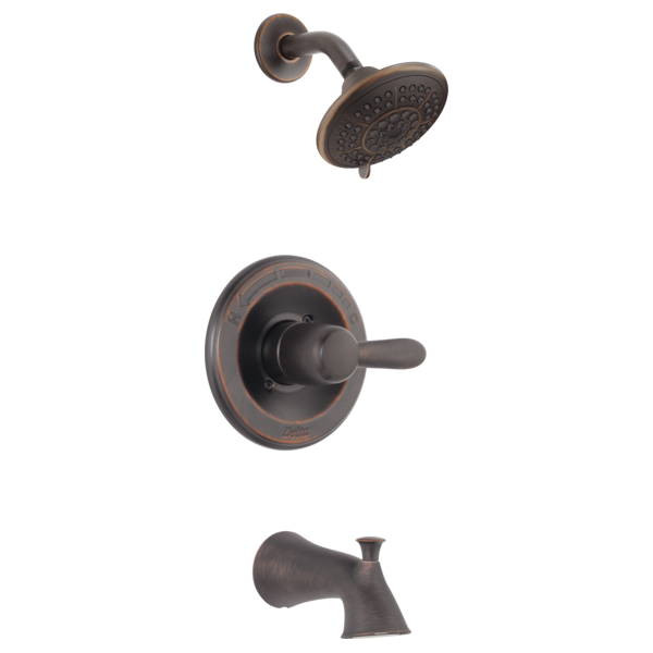 Bronze tub and shower trim with perforated showerhead, single-lever valve, and tub spout.