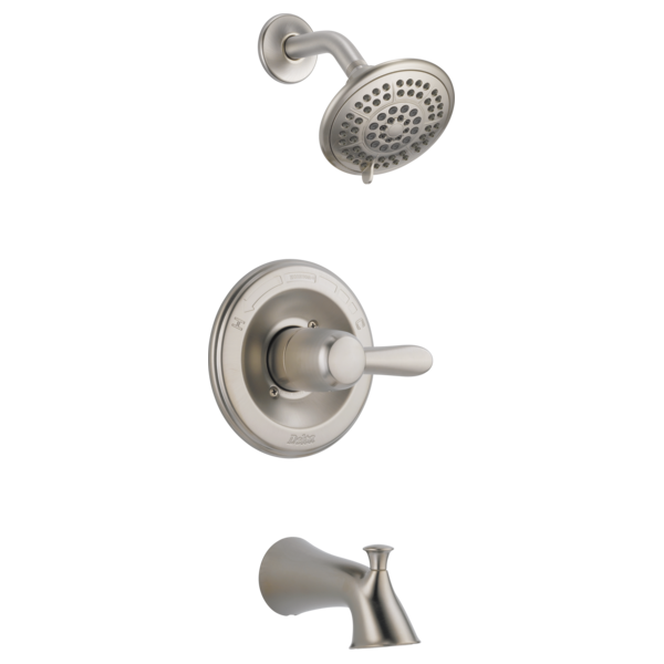 Brushed nickel shower trim with round showerhead, valve trim, and tub spout.