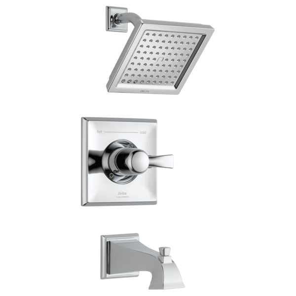 Chrome square showerhead, wall-mounted valve trim with dual handles, and tub spout for Delta Dryden system.
