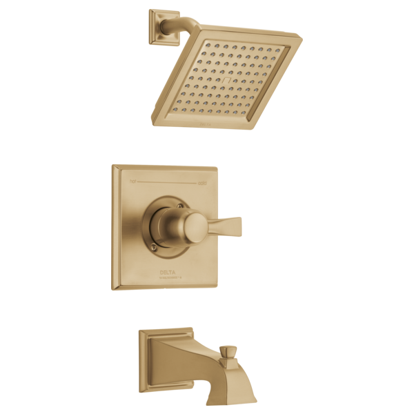 Champagne bronze tub and shower trim set with square showerhead, valve handle, and tub spout.