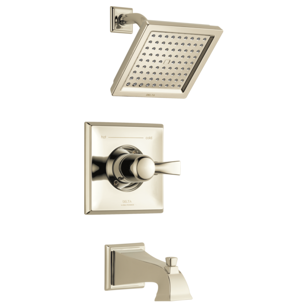 Chrome tub and shower trim set with square showerhead, valve handle, and tub spout.
