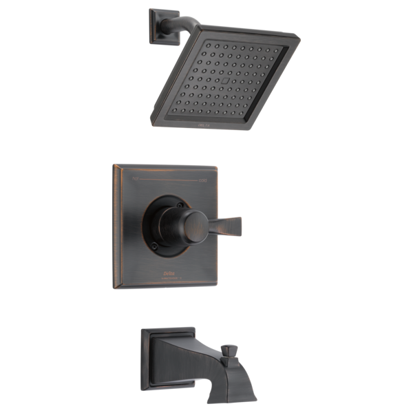Matte black tub and shower trim set with square showerhead, valve handle, and tub spout.