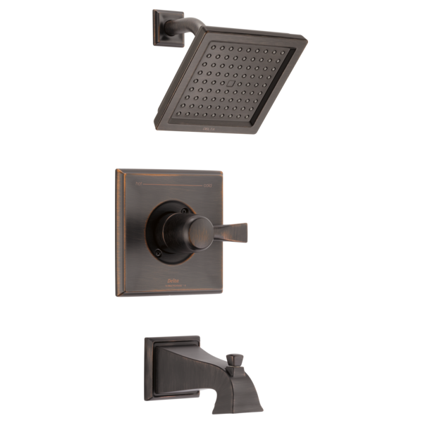 Oil-rubbed bronze tub and shower trim with square showerhead, lever handle valve, and tub spout.