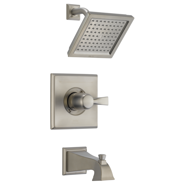 Brushed nickel tub and shower trim set with square showerhead, valve handle, and tub spout.