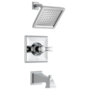 Chrome Delta Dryden tub and shower trim set with square showerhead, valve trim, and tub spout.