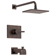 Bronze tub and shower trim kit with square showerhead, wall-mounted arm, control valve, and tub spout.