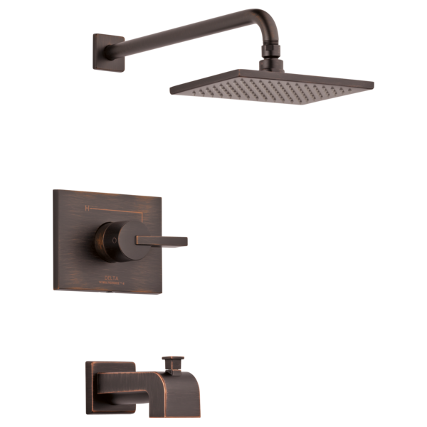 Bronze tub and shower trim kit with square showerhead, wall-mounted arm, control valve, and tub spout.