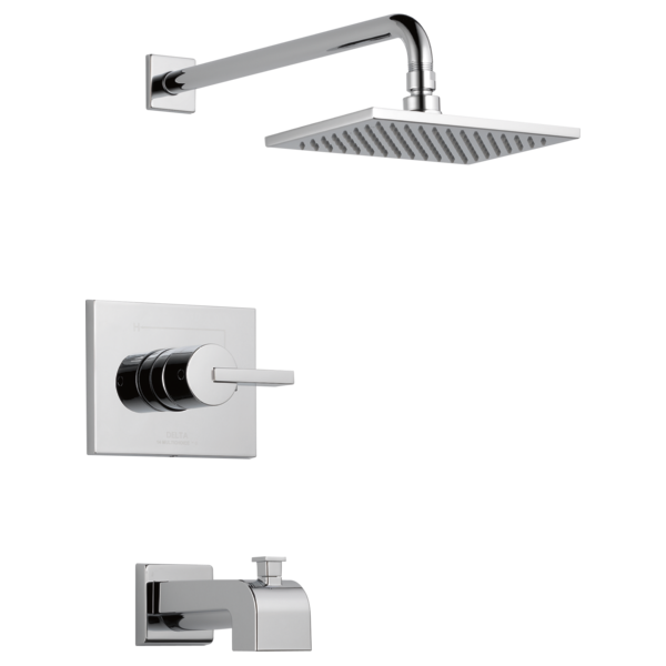 Chrome tub and shower trim kit with square showerhead, wall-mounted arm, lever handle, and spout.
