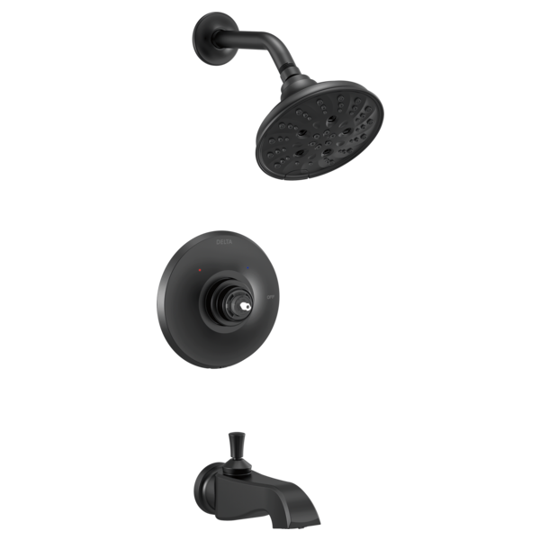 Black tub and shower trim with round showerhead, curved spout, and circular wall plate without handle.
