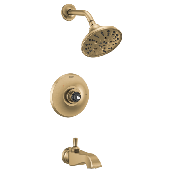 Champagne bronze tub and shower trim with rainfall showerhead, valve trim plate, and tub spout.