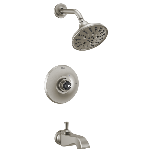 Brushed nickel tub and shower trim kit with showerhead, valve trim plate, and tub spout.