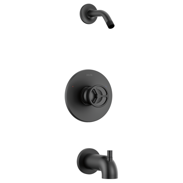 Black matte Delta Trinsic tub shower trim with wall-mounted valve, spout, and curved shower arm assembly.