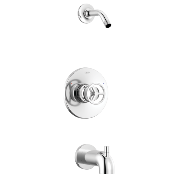 Chrome Delta Trinsic tub shower trim with curved shower arm, round wall plate, and dual-lever handle.