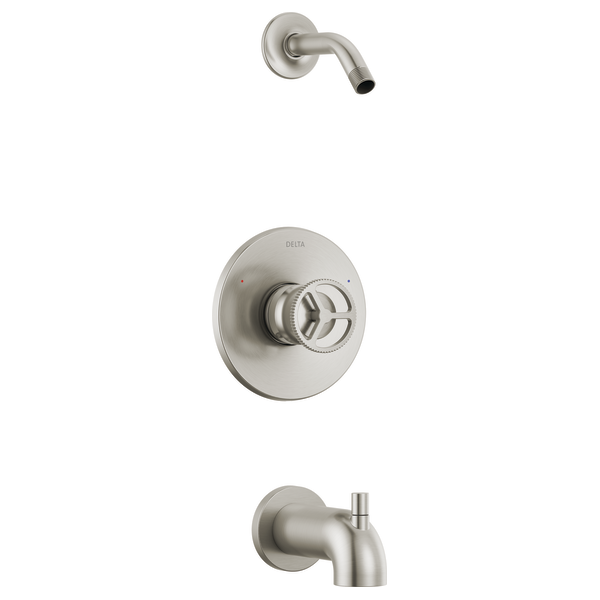 Brushed nickel tub and shower trim with curved shower arm, round trim plate, and single-handle control valve.