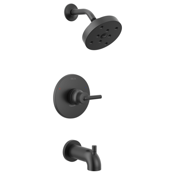 Matte black tub and shower trim set with round showerhead, lever handle valve, and tub spout.