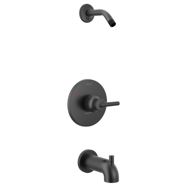 Matte black tub and shower trim set with wall-mounted valve, curved spout, and shower arm outlet.