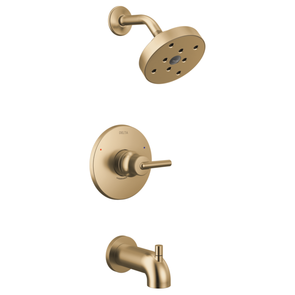 Champagne bronze tub and shower trim set with showerhead, lever valve, and spout.
