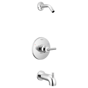 Chrome Delta Trinsic tub and shower trim with circular valve trim plate, lever handle, wall-mounted spout, and separate showe