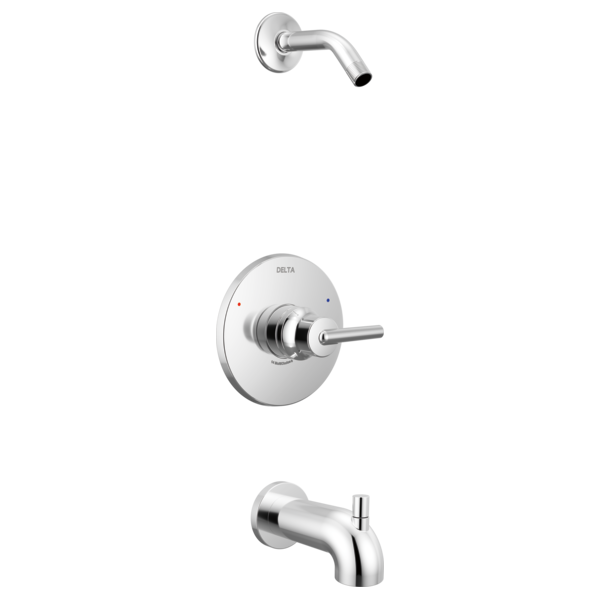 Chrome Delta Trinsic tub and shower trim with circular valve trim plate, lever handle, wall-mounted spout, and separate showe