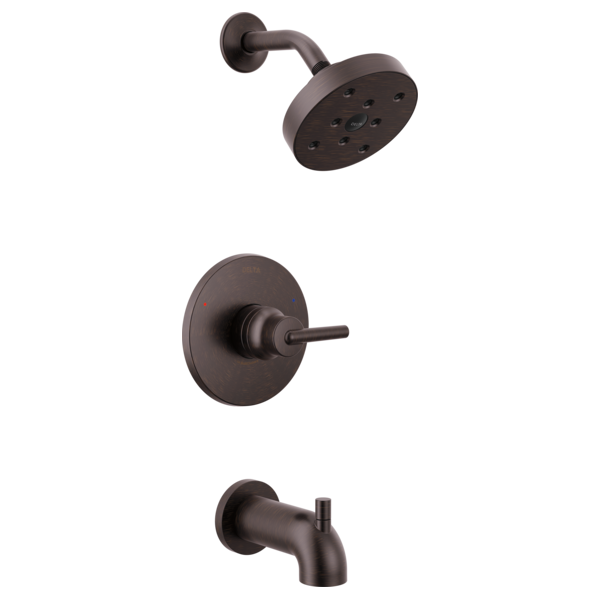 Dark bronze tub and shower trim set with round showerhead, valve trim plate, and tub spout.