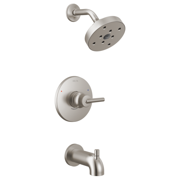 Brushed nickel showerhead with arm, valve trim with lever handle, and tub spout in Delta Trinsic series.