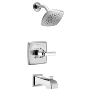 Chrome shower head with perforated face, square wall-mounted valve trim with lever handle, and curved tub spout.