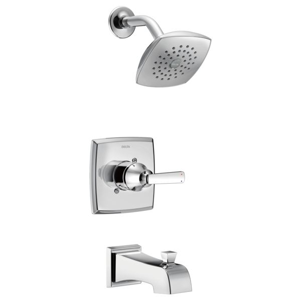 Chrome shower head with perforated face, square wall-mounted valve trim with lever handle, and curved tub spout.