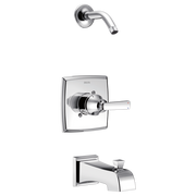 Chrome tub and shower trim with square valve trim plate, lever handle, and curved spout.