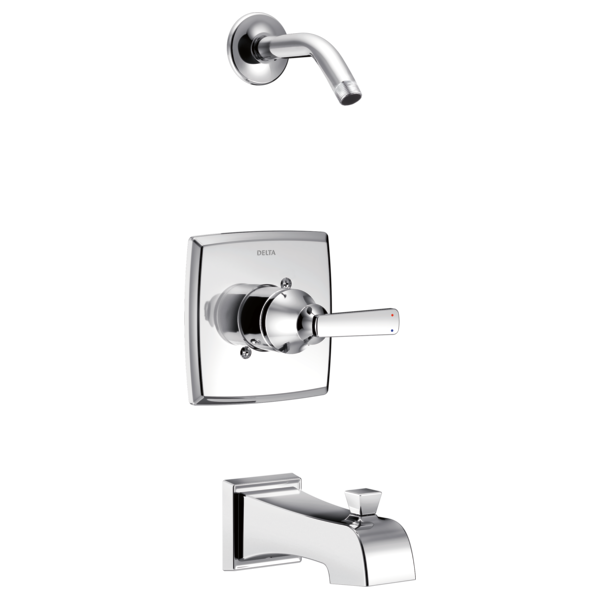 Chrome tub and shower trim with square valve trim plate, lever handle, and curved spout.