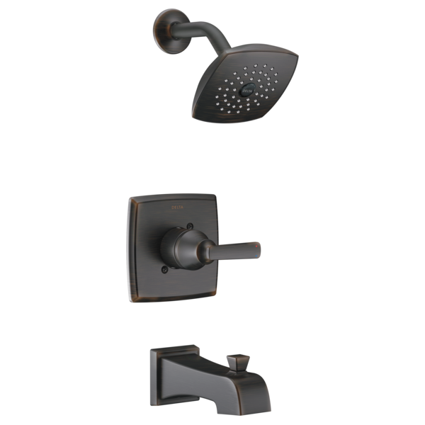 Black matte finish tub and shower trim set with square showerhead, control valve, and tub spout.