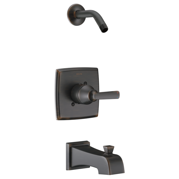 Black matte finish tub and shower trim with wall-mounted valve, spout, and curved arm, without showerhead.