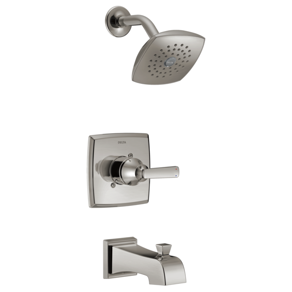 Chrome showerhead with curved arm, square trim plate with lever handle, and tub spout with waterfall design.